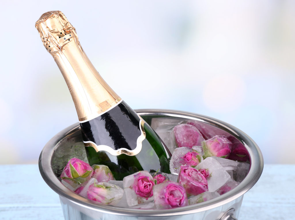 Frozen rose flowers in ice cubes and champagne bottle in bucket